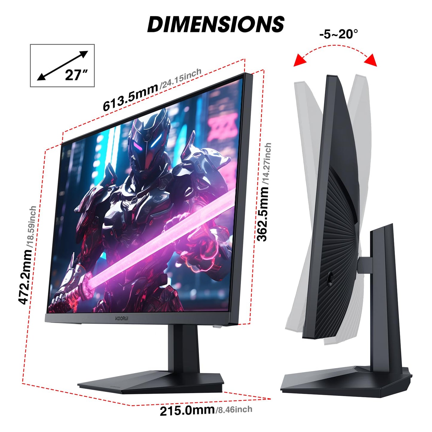 KOORUI 27" Gaming Monitor, FHD 1080p 165hz Mointor with 1ms (MPRT) Response Time, DCI-P3 90% Color Gamut, Adaptive Sync Compatible, HDMI x 2, DisplayPort, Black (GN01)