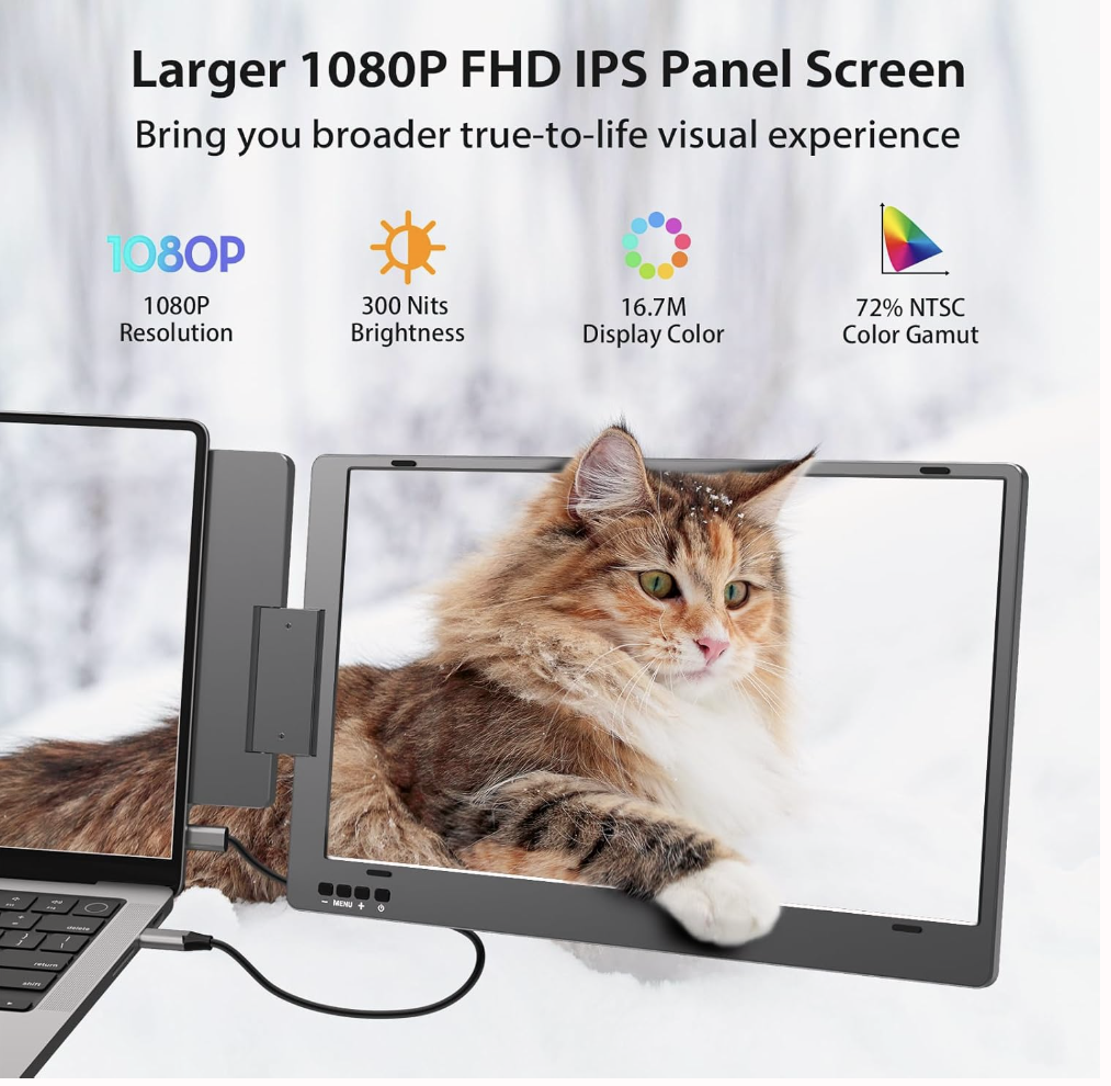 Laptop Screen Extender, 14'' FHD 1080P USB-C Portable Monitor, IPS Computer Display, Dual Monitor for Triple Screen, Monitor for 12"-16" Laptop (Mac, Windows, Android)