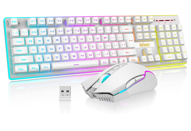 Wireless Keyboard and Mouse Combo, LED Backlit Rechargeable 3800mAh Battery, Mechanical Feel Anti-ghosting Keyboard + 7D 3200DPI Mice for PC Gamer (White)