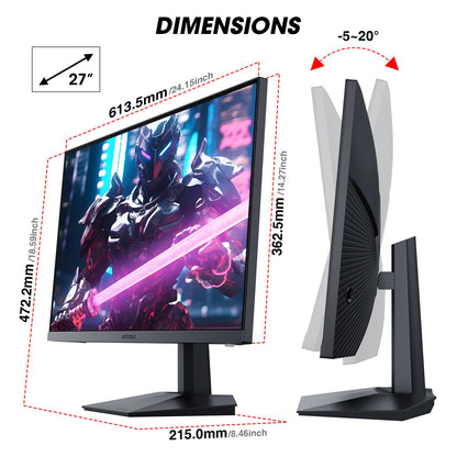 KOORUI 27" Gaming Monitor, FHD 1080p 165hz Mointor with 1ms (MPRT) Response Time, DCI-P3 90% Color Gamut, Adaptive Sync Compatible, HDMI x 2, DisplayPort, Black (GN01)